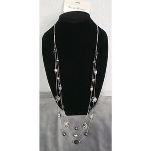 Studio Works Necklace Long Multistrand Layered Beaded Stations Black Silver NWT